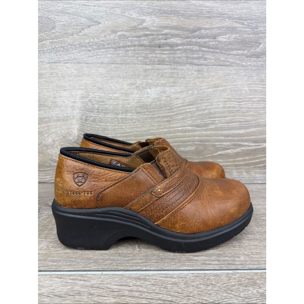 Ariat Steel Toe Tan Leather Women’s Sz 6B Slip On Safety Shoes Clogs 10002367
